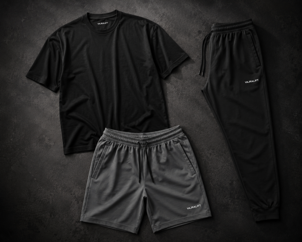 Vajralift gym wear collection — t-shirt shorts and joggers for men India